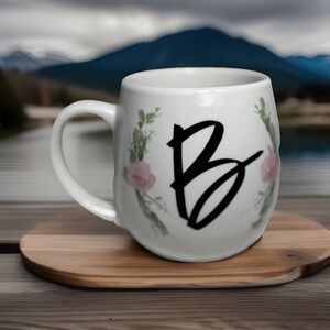 Coffee Mug Cup Letter Initial B Prima Design White Black Pink Flowers Monogram
